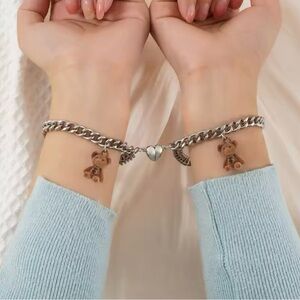 2Pcs Bear Couple Friendship Bracelets Stainless Steel Heart Friendship Bracelet